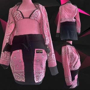 Shay Kawaii Pink Bandana Y2K 3 Piece Skirt M/L Bikini Top S Jacket S/M